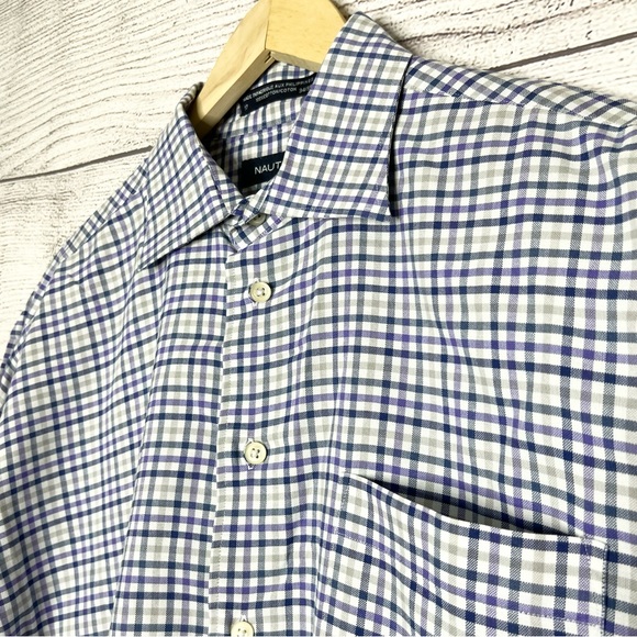 Nautica Plaid Casual Button Down Shirt Men’s Size 17 - 34/35 Tan Blue & Purple - Picture 5 of 10